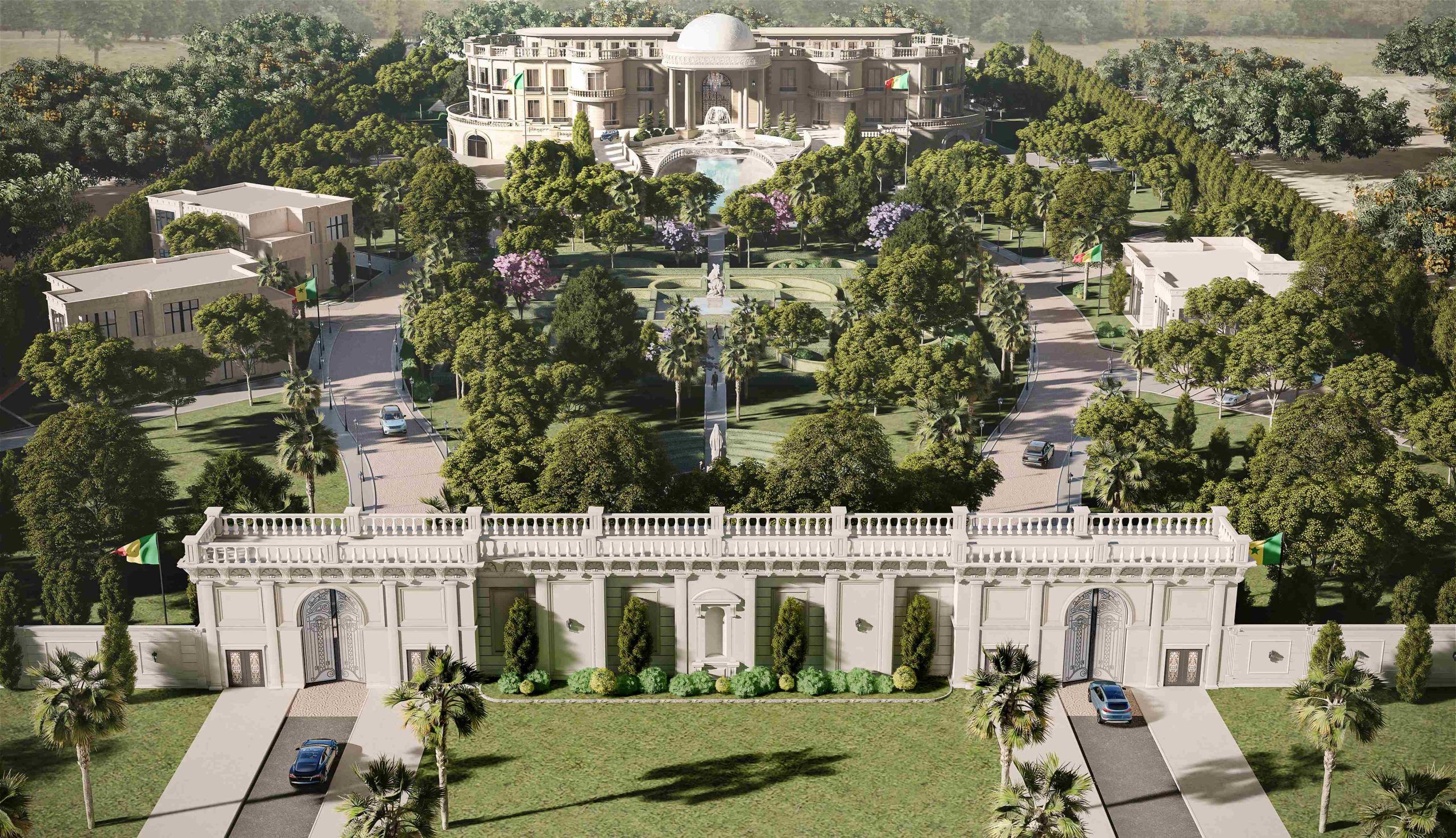 Luxury palace exterior design in Dubai by Spazio — grand royal entrance with monumental architecture and lighting