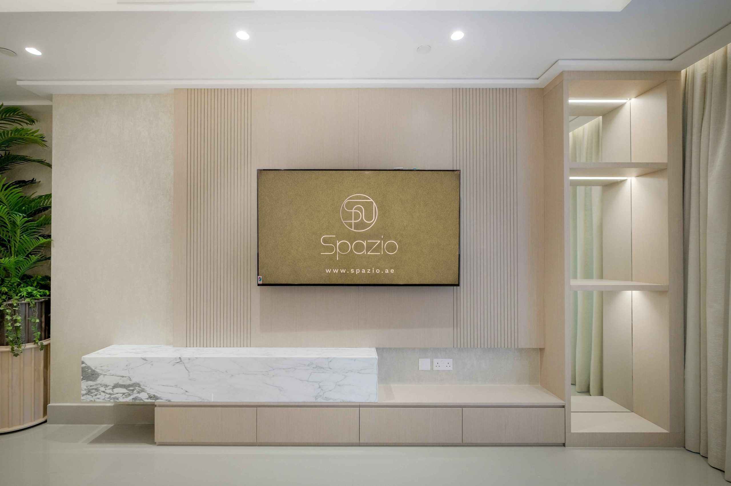 Apartment interior design opposite Burj Khalifa Dubai by Spazio — living room with panoramic views