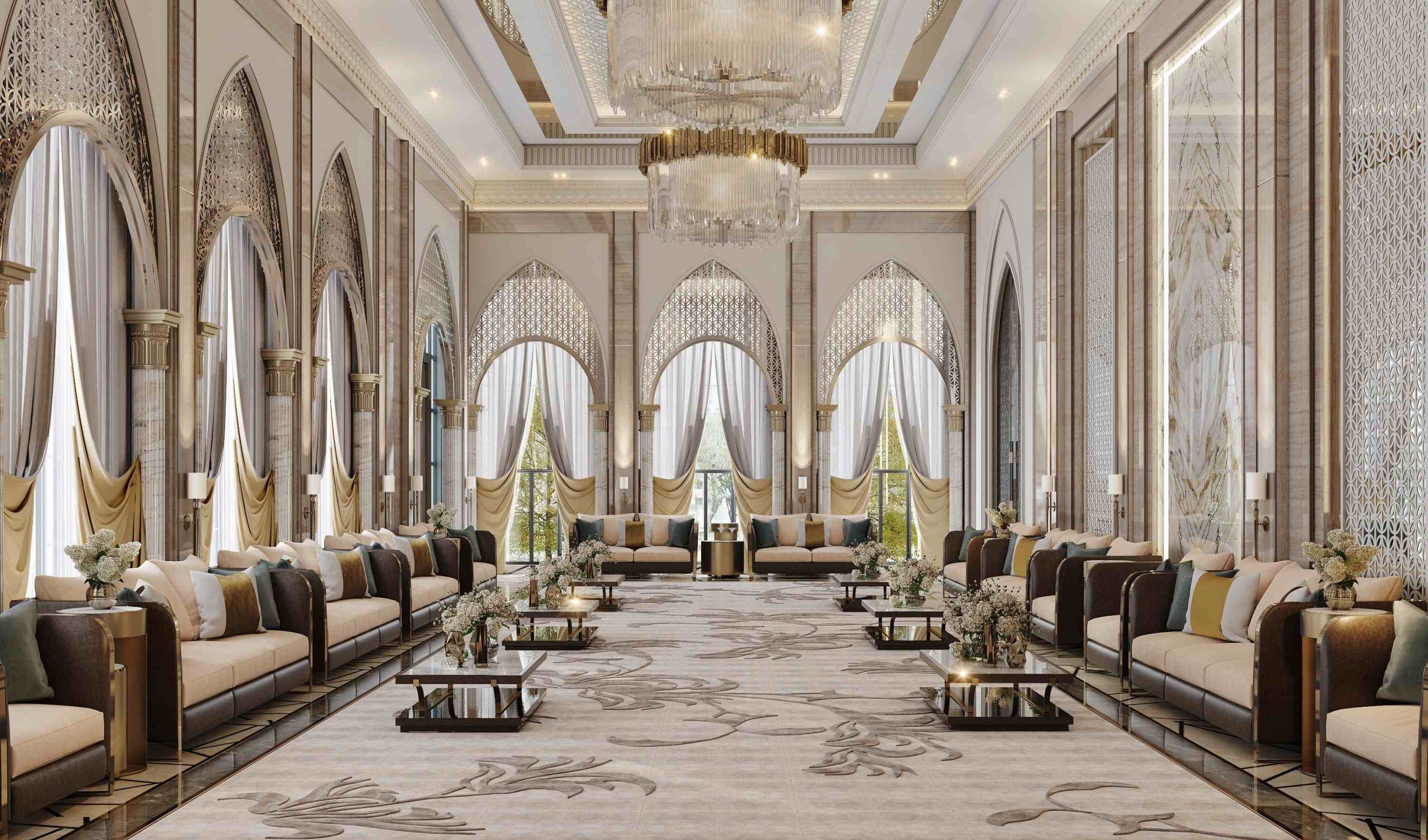 Luxury majlis interior design in Dubai villa by Spazio — gold accents and traditional Arabic seating