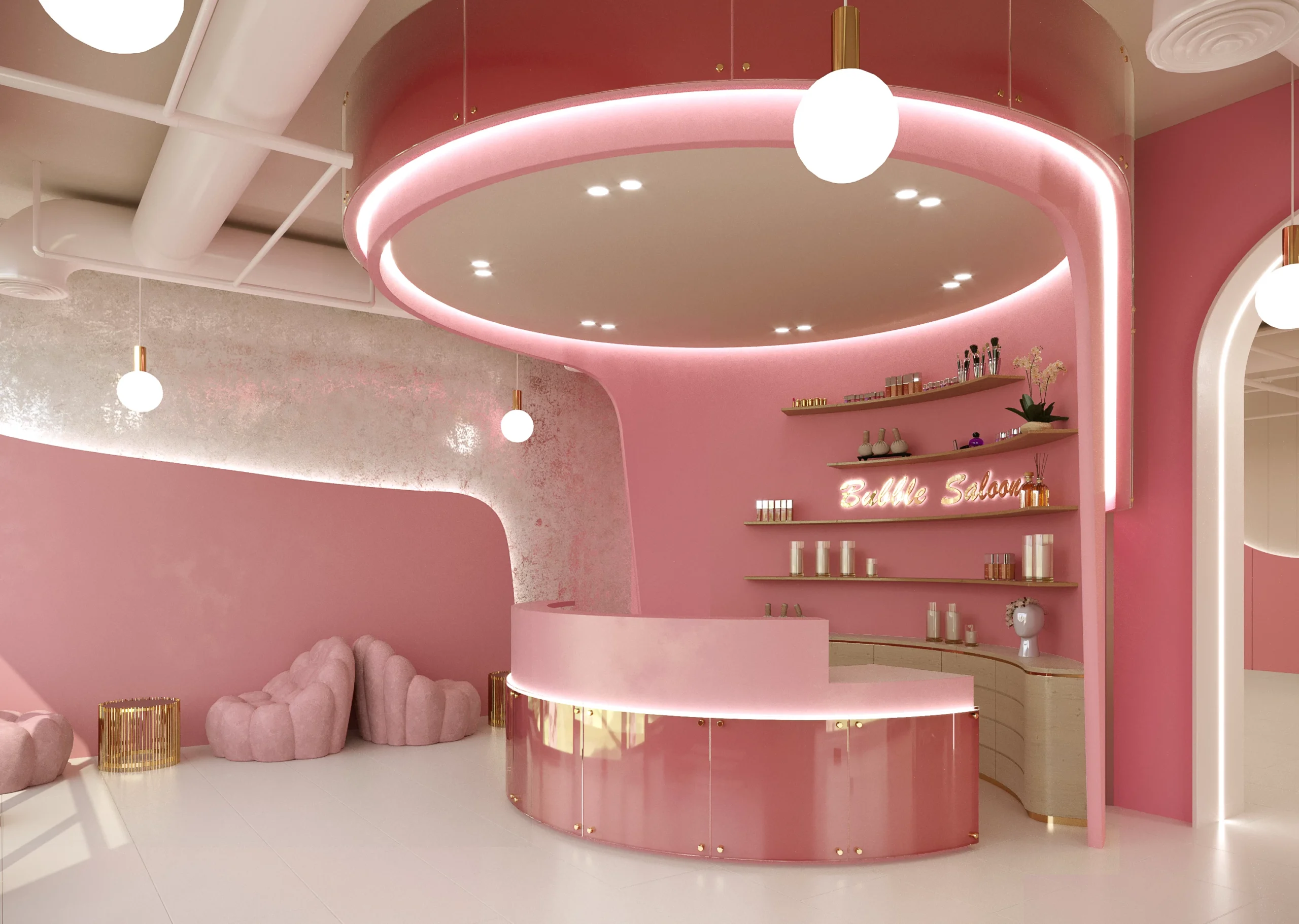 Beauty salon reception interior design in Dubai by Spazio — elegant pink tones with premium finishes
