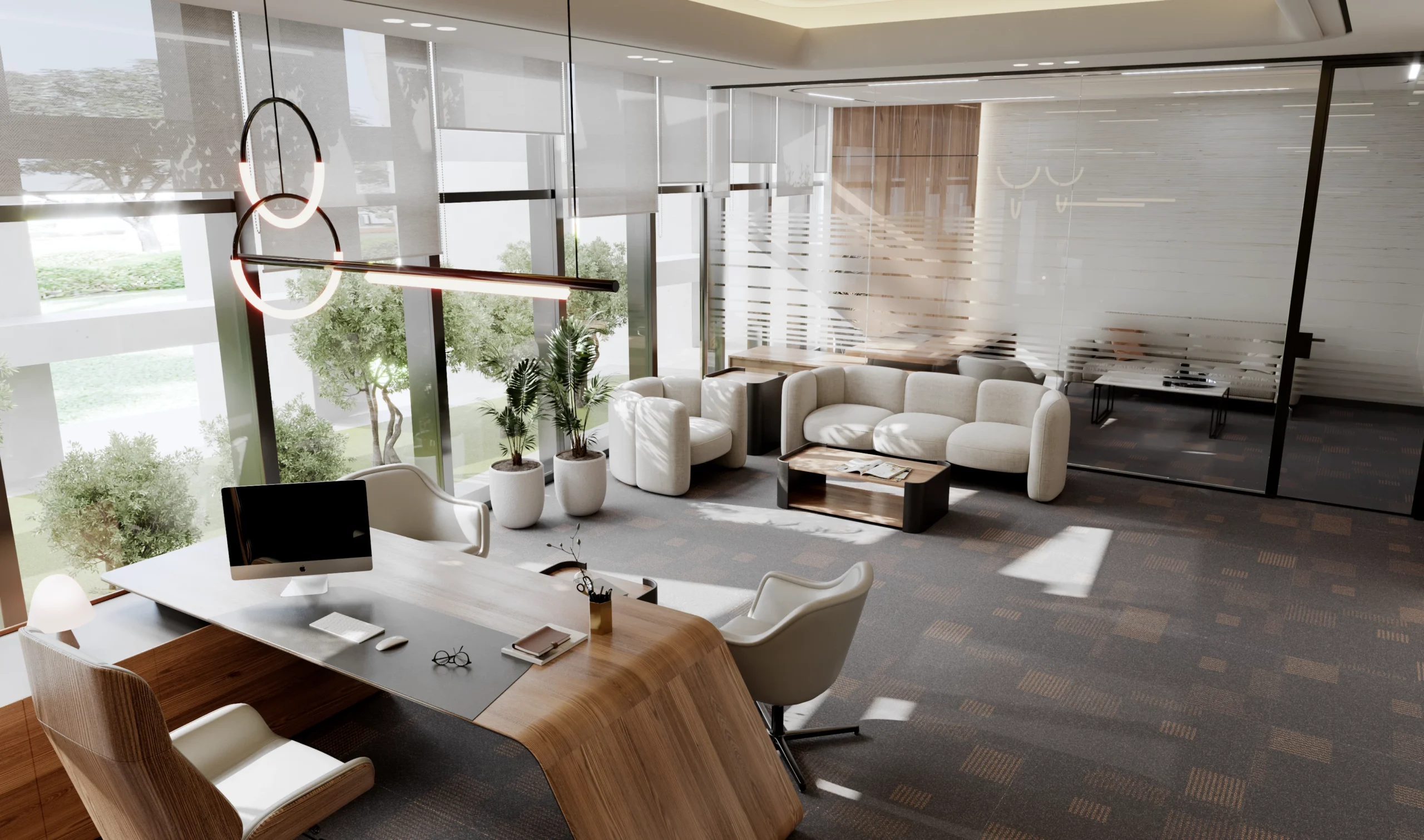 Modern office interior design in Dubai by Spazio — executive workspace with ambient ceiling lighting and premium wood-panelled walls