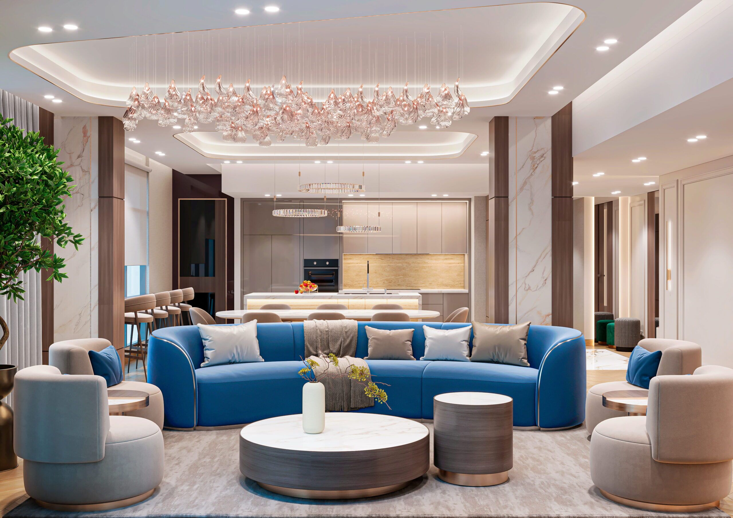 Luxury apartment interior fit-out at Palm Jumeirah Dubai by Spazio — bespoke living room with premium finishes
